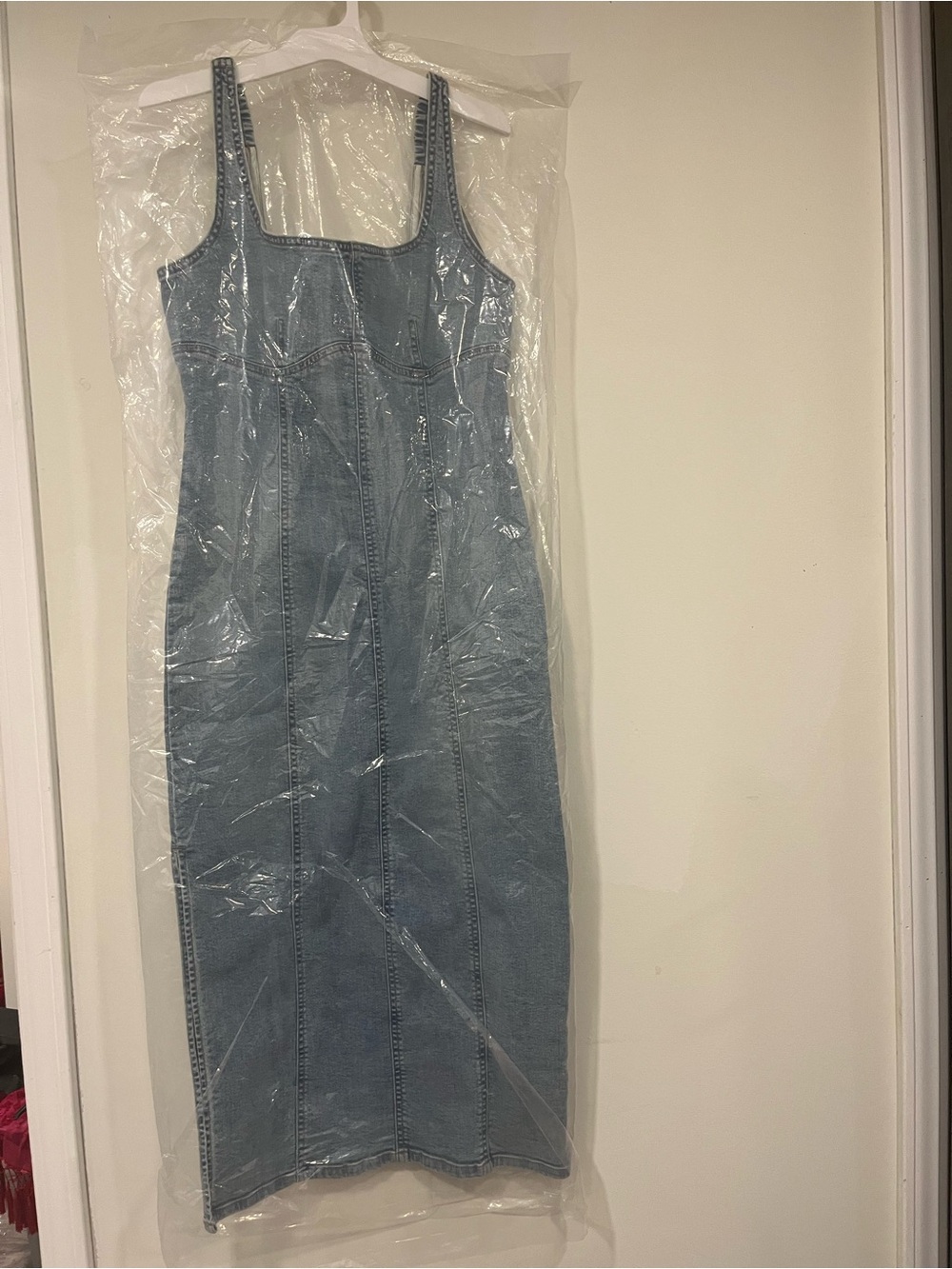 wild fable Light Blue Denim Square-Neck Midi Dress
